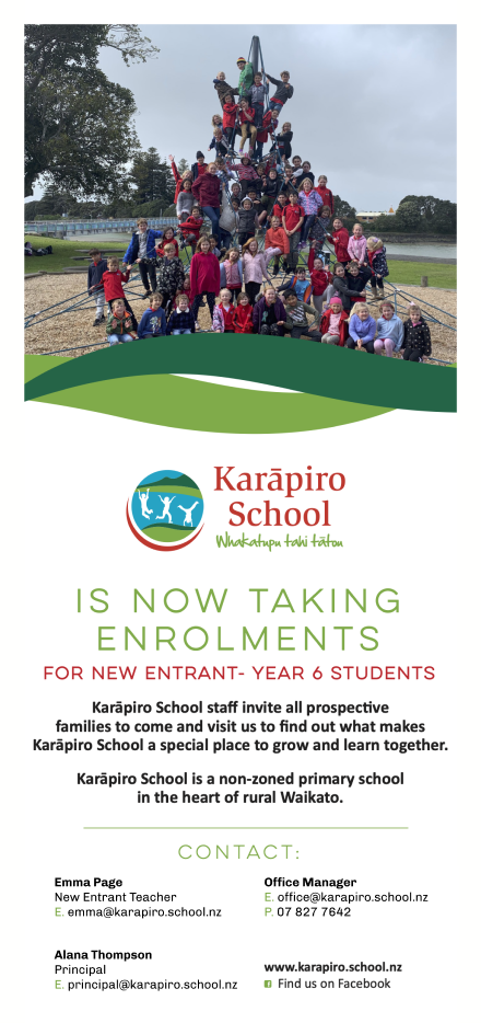 Karāpiro School is now taking enrolments